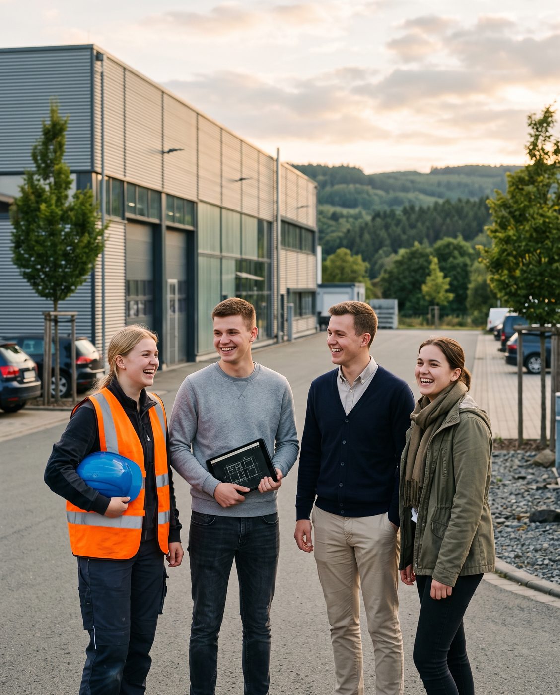 Vier junge Auszubildende lachen gemeinsam vor einer modernen Industriehalle im Siegerland